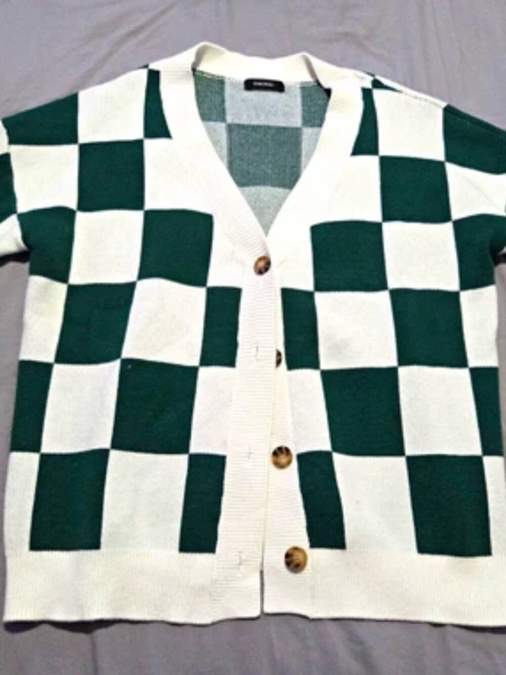 Dokotoo Cardigan Sweater Women Medium Green White Checkerboard Knit VNeck Button